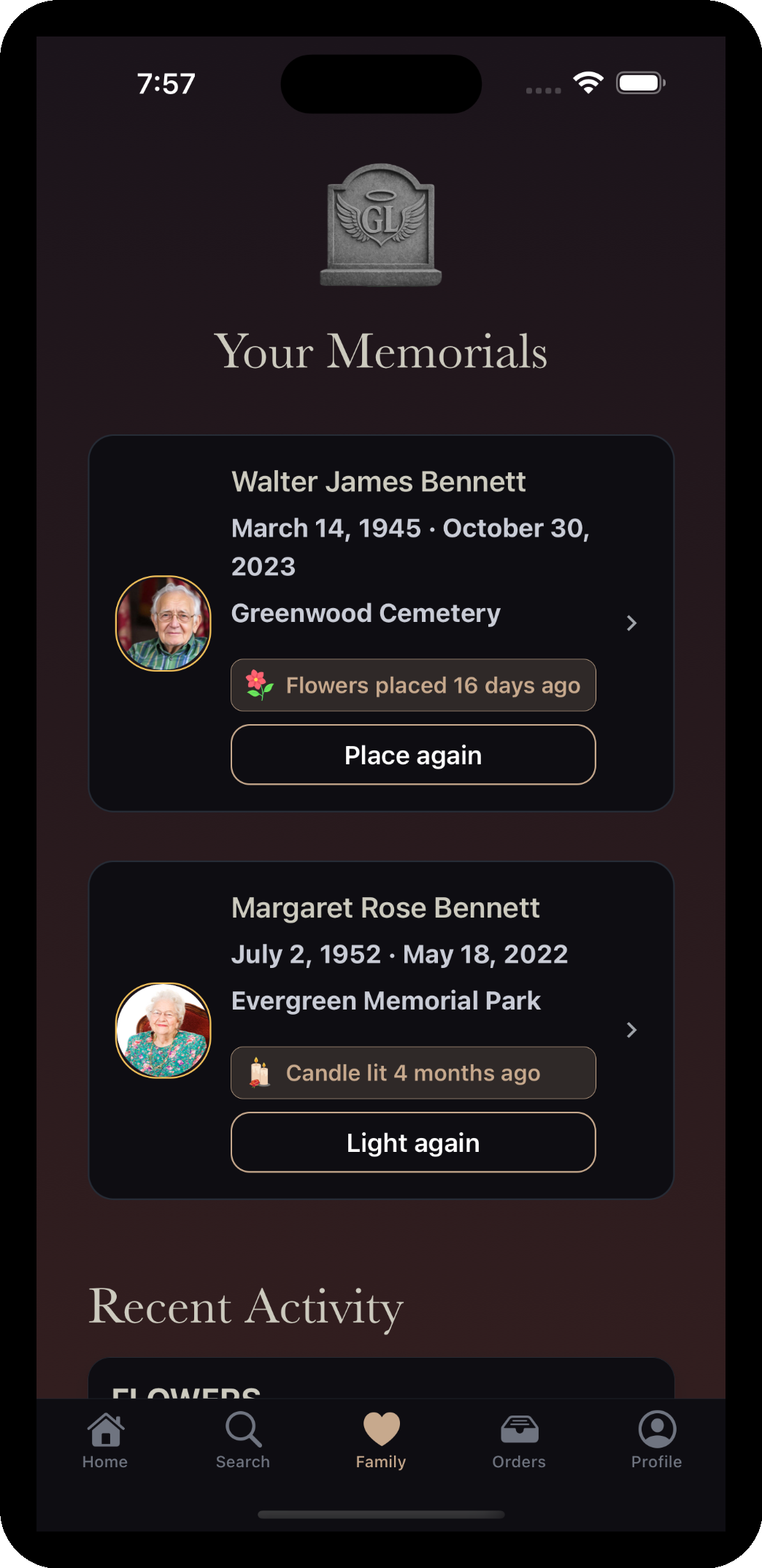 Photo gallery of uploaded tributes