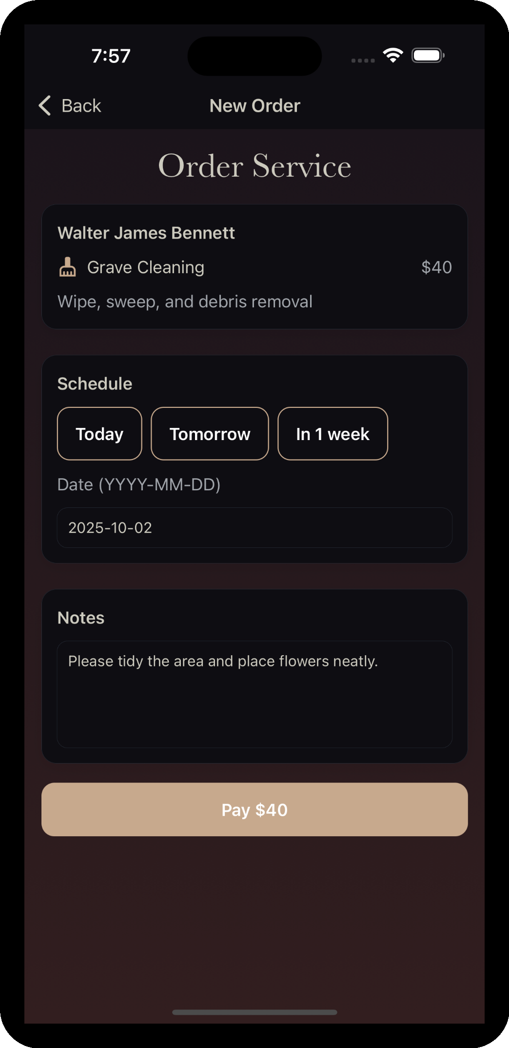 Service confirmation details inside the memorial profile